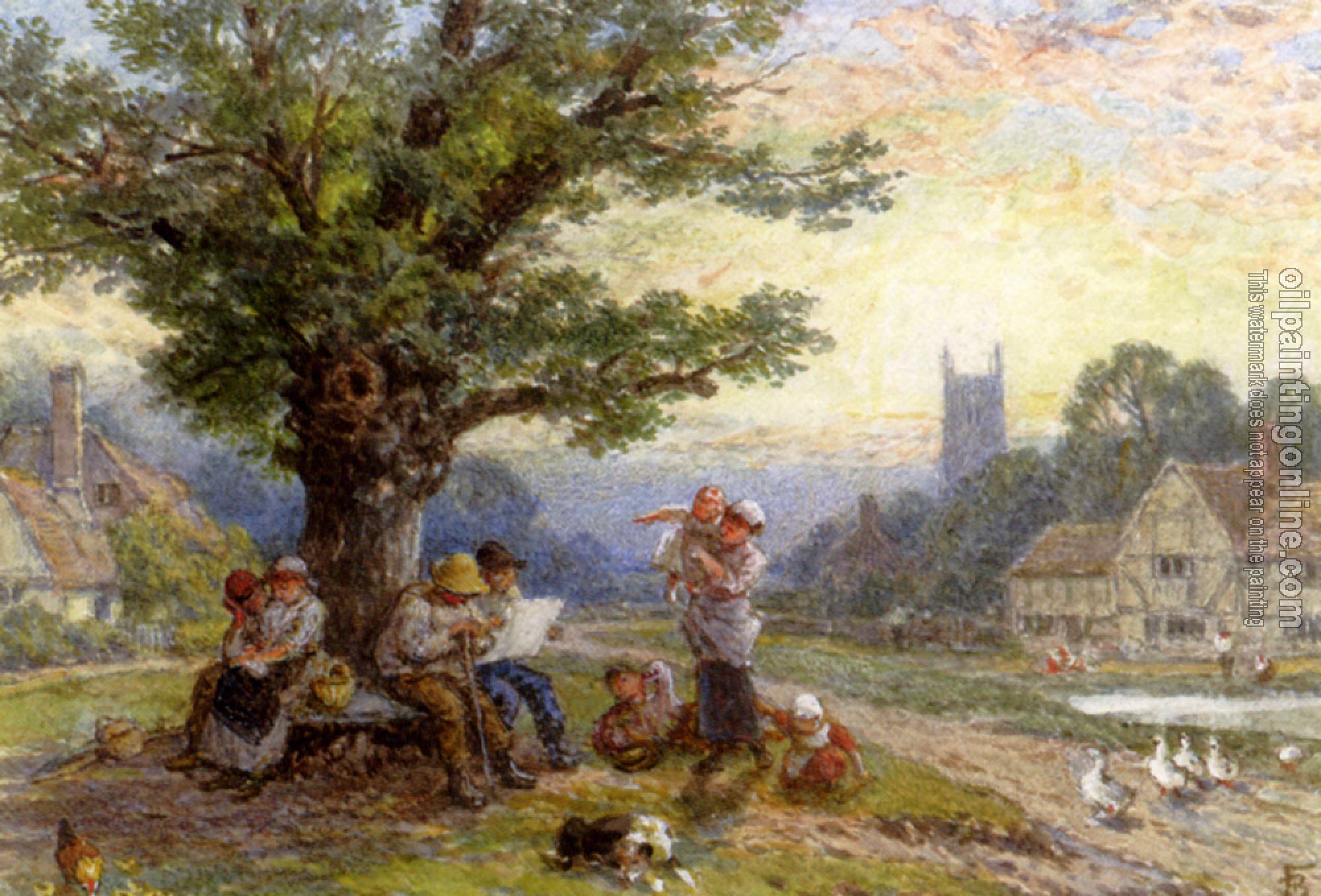 Myles Birket Foster - Fugures And Children Beneath A Tree In A Village